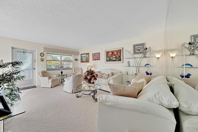 living room with a textured ceiling