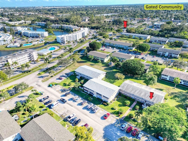 aerial view featuring a water view