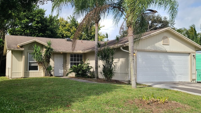 single story home with a front lawn and a garage