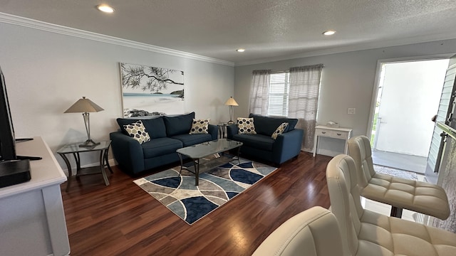 living room with dark hardwood / wood-style flooring, crown molding, and a textured ceiling