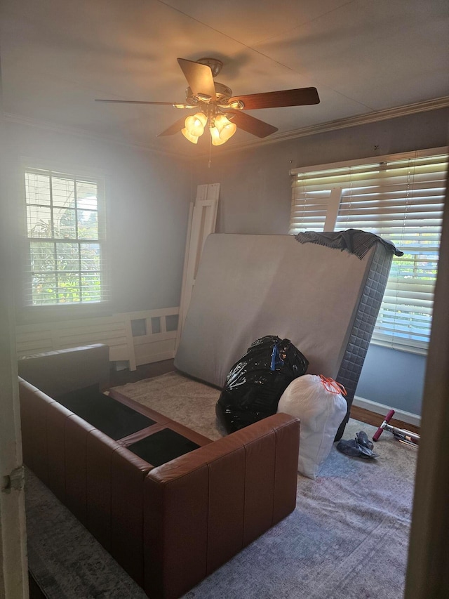 carpeted living room featuring ornamental molding and ceiling fan