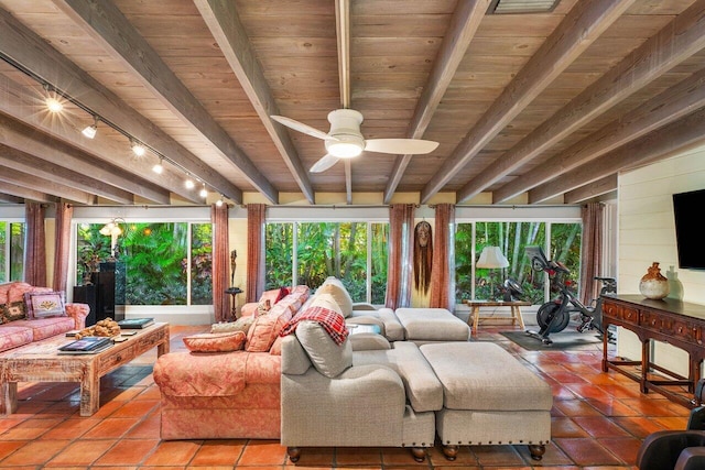 interior space featuring rail lighting, ceiling fan, beam ceiling, and wooden ceiling