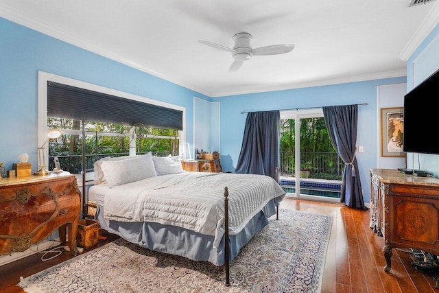 bedroom with access to exterior, hardwood / wood-style flooring, ceiling fan, and crown molding