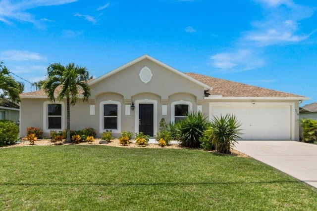 ranch-style home featuring a garage and a front lawn