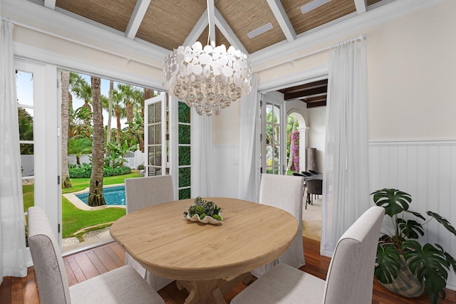 dining room with a wainscoted wall, hardwood / wood-style floors, wooden ceiling, and beam ceiling