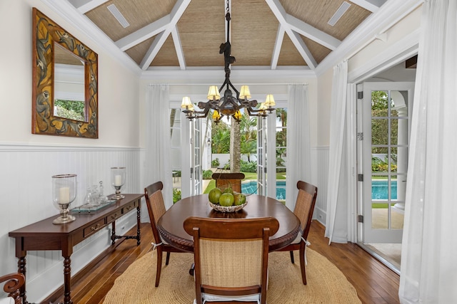 dining area with wood walls, wood ceiling, dark hardwood / wood-style floors, and a notable chandelier