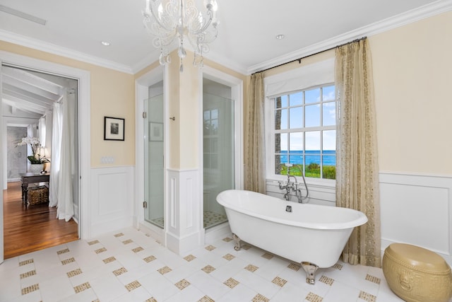 full bath featuring ornamental molding, a wainscoted wall, a freestanding bath, and a shower stall