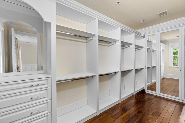 spacious closet with dark wood-style flooring and visible vents