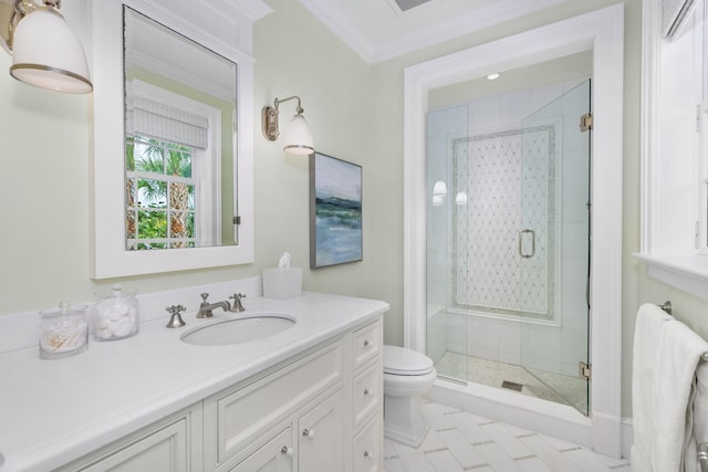 full bathroom with visible vents, toilet, ornamental molding, a stall shower, and vanity