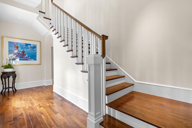 stairway with hardwood / wood-style floors