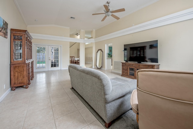 tiled living room featuring french doors, high vaulted ceiling, ceiling fan, and ornamental molding