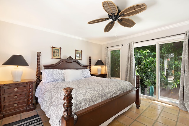 bedroom with access to outside, ceiling fan, crown molding, and light tile patterned flooring