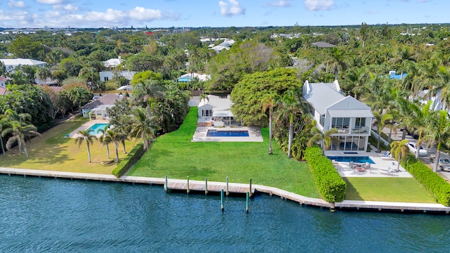 drone / aerial view with a water view