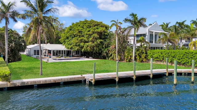 dock area with a yard and a water view