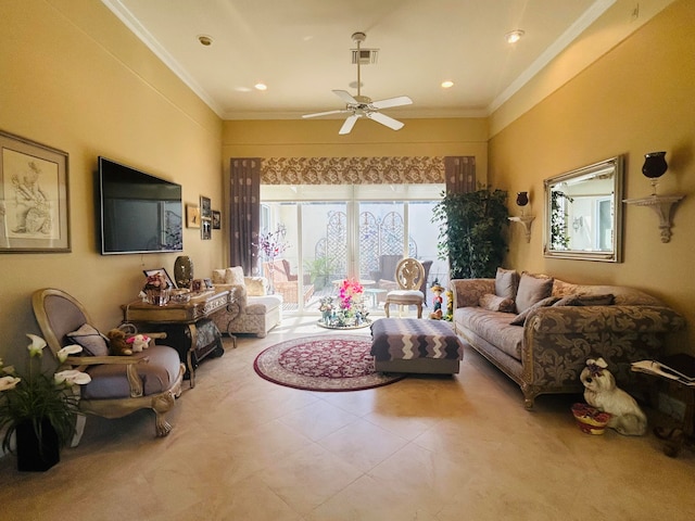 living room featuring ceiling fan and crown molding