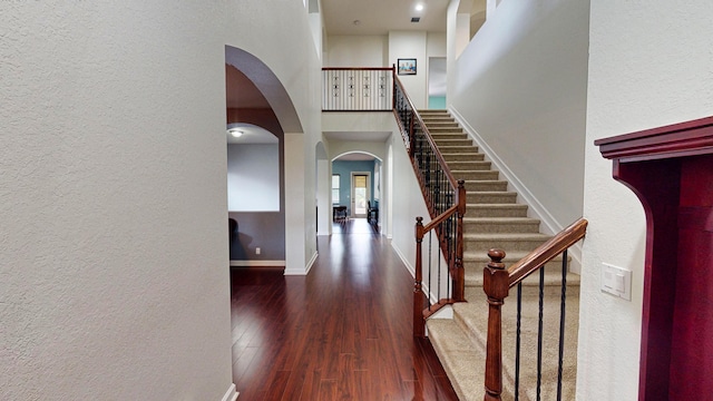 foyer featuring dark hardwood / wood-style floors and a high ceiling