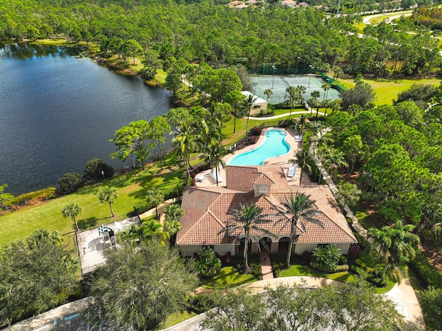 aerial view featuring a water view