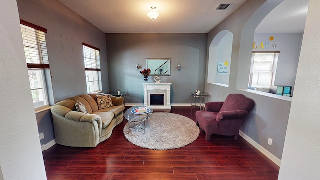 living room featuring dark wood-type flooring and a wealth of natural light