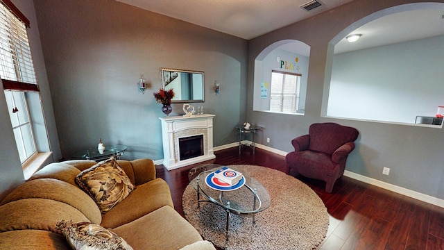 living room with a wealth of natural light and wood-type flooring