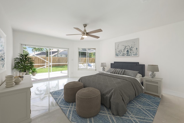 bedroom with ceiling fan and access to exterior