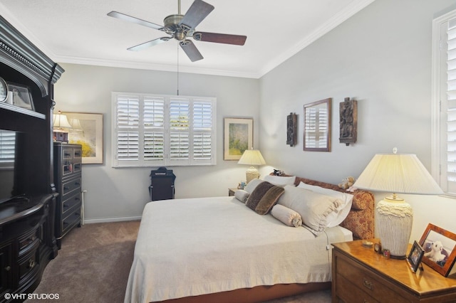 bedroom featuring dark colored carpet, ceiling fan, and crown molding