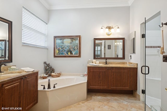 bathroom featuring vanity, crown molding, and shower with separate bathtub