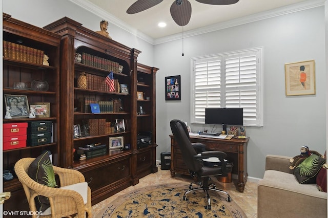 office space with ceiling fan and ornamental molding