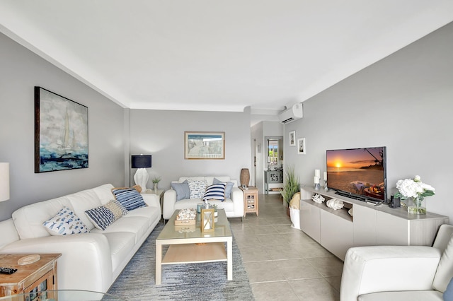 tiled living room featuring a wall mounted AC