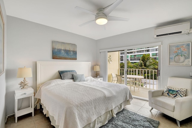 bedroom with access to exterior, ceiling fan, light tile patterned flooring, and a wall mounted air conditioner