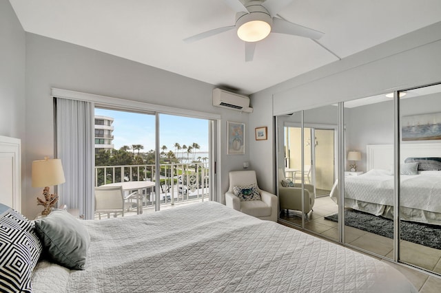 tiled bedroom with an AC wall unit, access to exterior, and ceiling fan