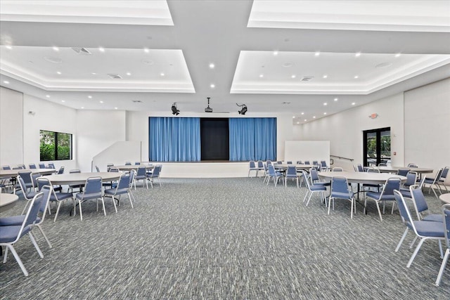 interior space with a raised ceiling, plenty of natural light, and carpet floors