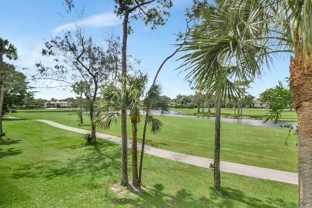 view of community featuring a water view and a yard