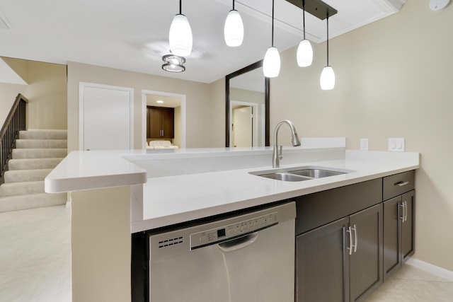 kitchen with dishwasher, hanging light fixtures, kitchen peninsula, light tile patterned floors, and sink