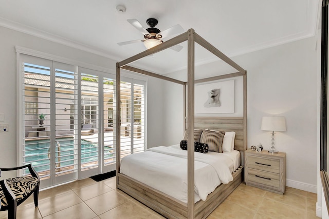 tiled bedroom with ornamental molding, access to outside, and ceiling fan