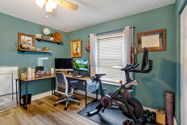 office area featuring ceiling fan and light hardwood / wood-style floors