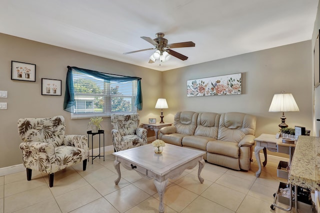 tiled living room featuring ceiling fan