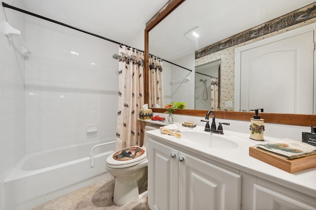 full bathroom featuring vanity, toilet, and shower / bathtub combination with curtain