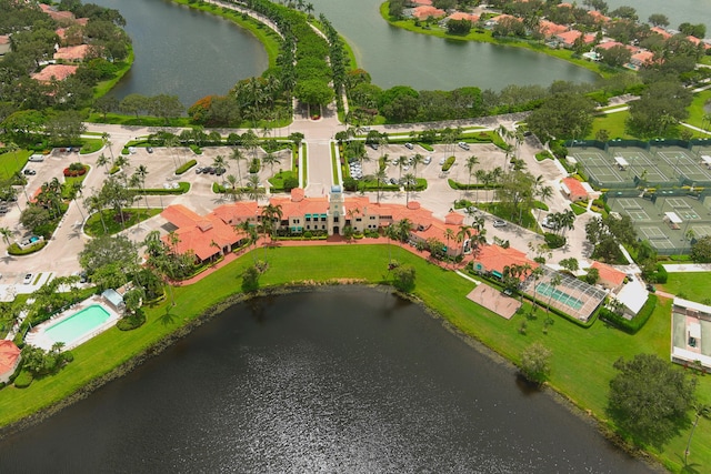 bird's eye view with a water view