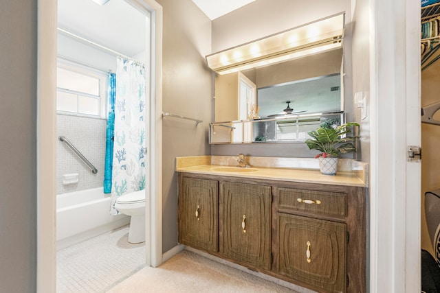 full bathroom with toilet, vanity, and shower / bathtub combination with curtain