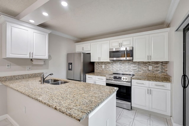 kitchen with kitchen peninsula, white cabinetry, sink, and stainless steel appliances