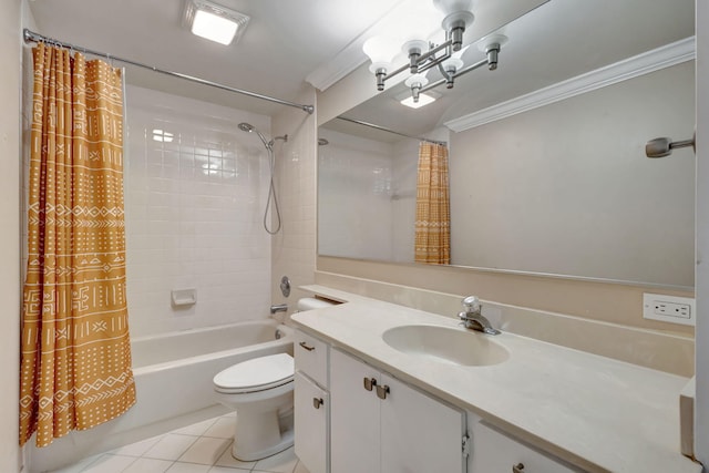 full bathroom with shower / bath combination with curtain, vanity, crown molding, tile patterned flooring, and toilet