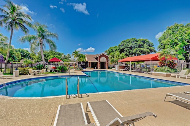 view of swimming pool featuring a patio area