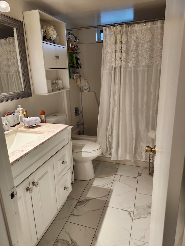 full bathroom with shower / bath combination with curtain, toilet, and vanity