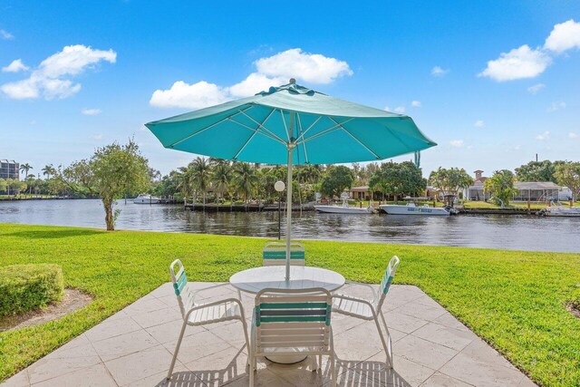 view of patio featuring a water view