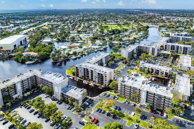 bird's eye view with a water view