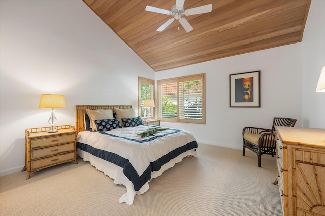 carpeted bedroom with high vaulted ceiling, ceiling fan, and wooden ceiling