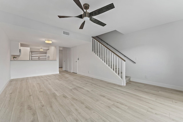 unfurnished living room with ceiling fan and light hardwood / wood-style floors