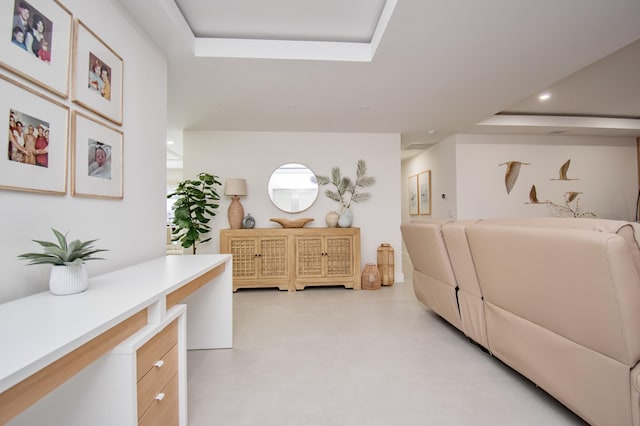 bedroom with a tray ceiling