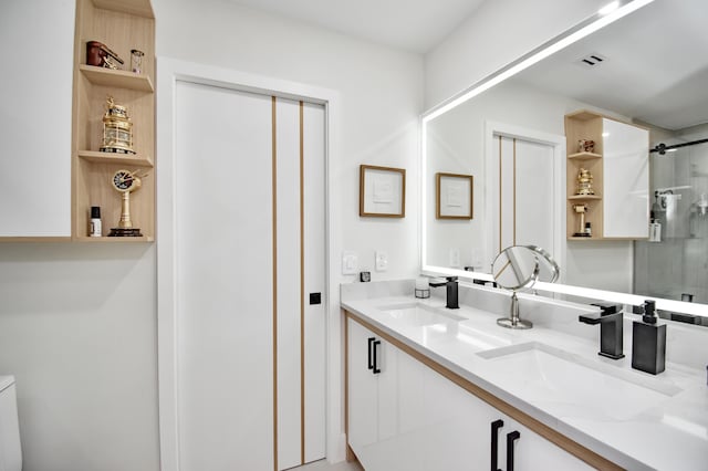 bathroom featuring vanity and a shower with door