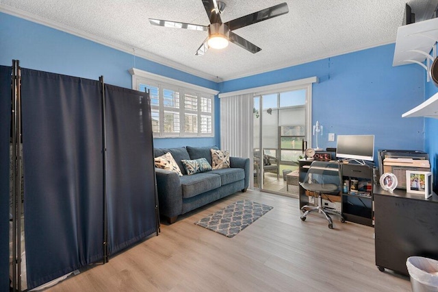 27 Lake Vista Trl Unit 107, Port Saint Lucie, FL 34952 - office space featuring a textured ceiling, a ceiling fan, wood finished floors, and ornamental molding